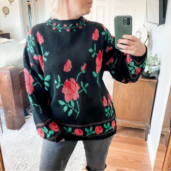 Kate Collin’s | Vintage Black & Pink Red Rose Knit Pullover Sweater 80s Acrylic - Picture 1 of 9